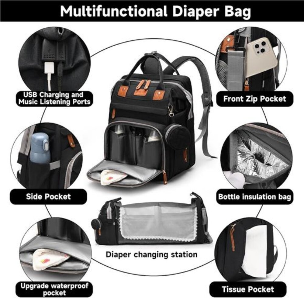 Baby Diaper Bag Backpack Waterproof Travel Large Capacity Changing Station Bag - Picture 5 of 7